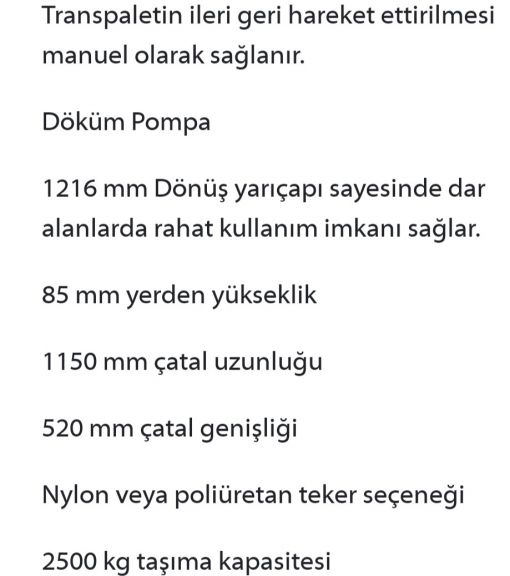 Transpalet 2.5 tonluk teknik özellikleri
